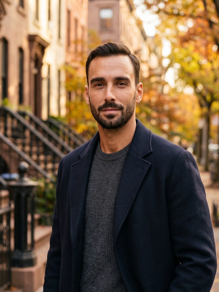 Max Hart, a bearded man in a navy coat and grey knit on a New York street in autumn